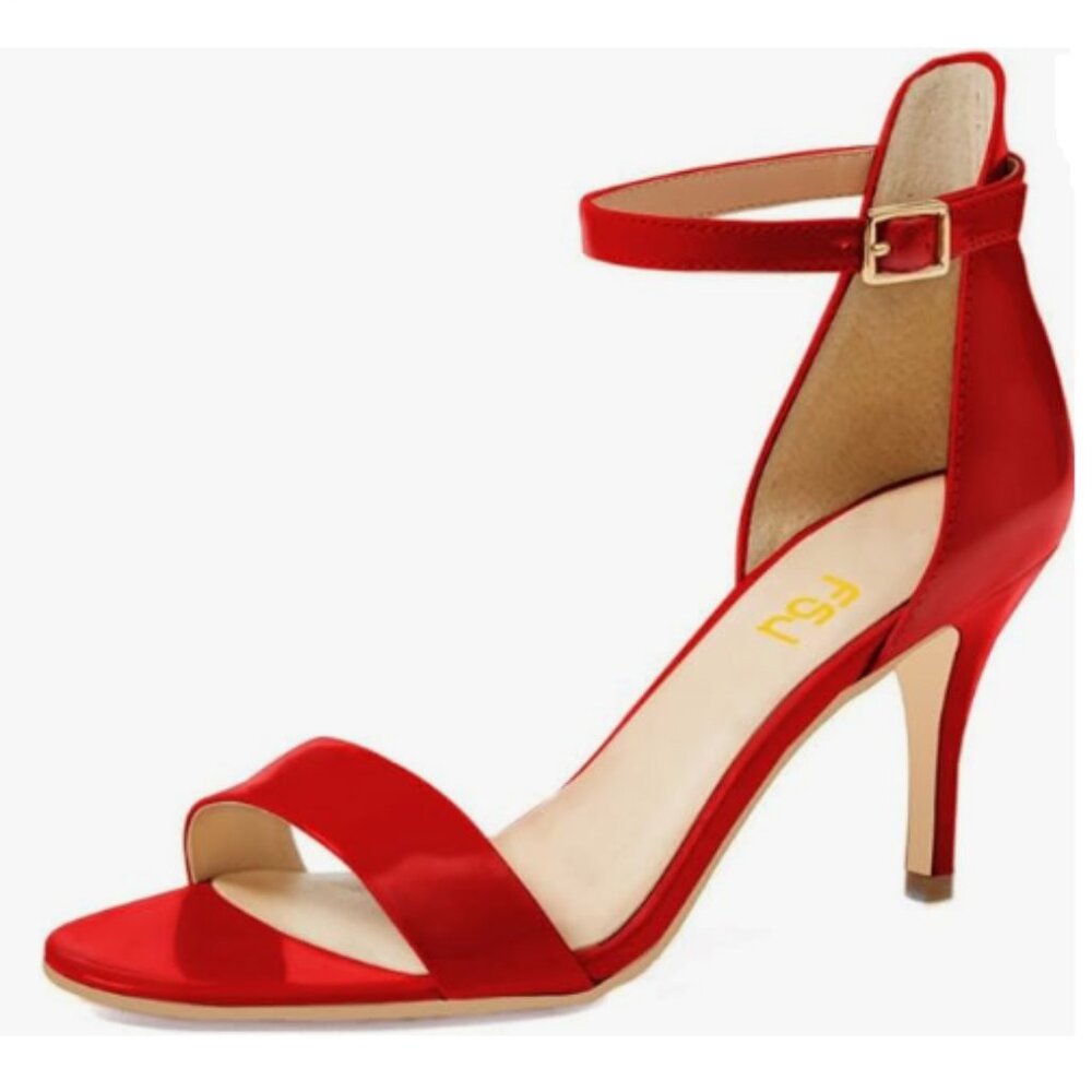 FSJ Red Satin Ankle Strap Stiletto Sandals